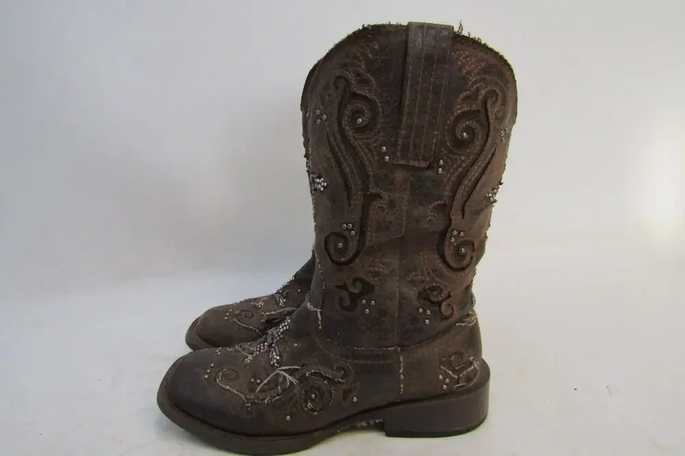 Roper Brand Youth Size 11 M Brown Inlay Cross Studded Cowboy Boots